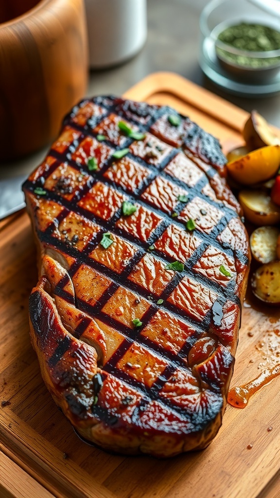 A perfectly seasoned and seared steak on a cutting board with herbs and sautéed vegetables.